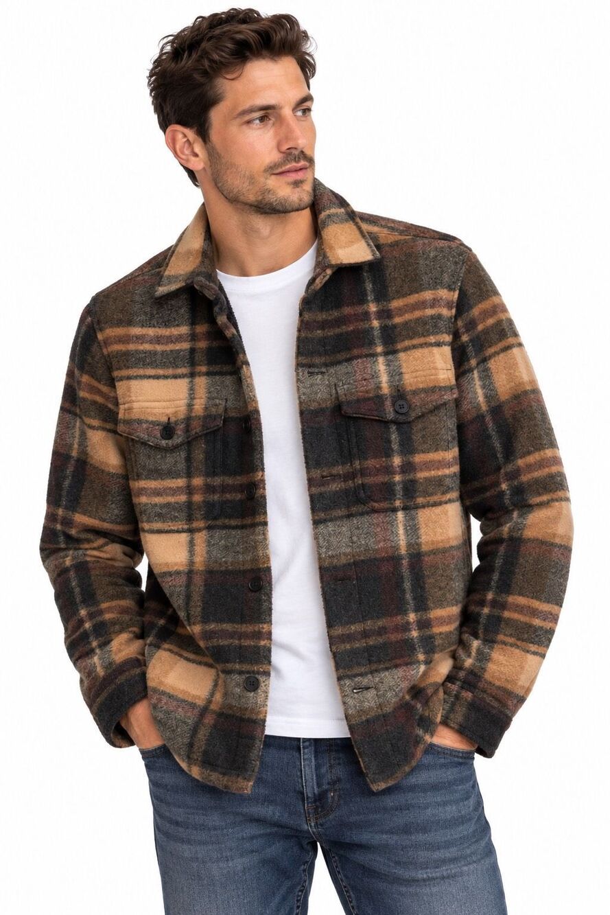 Express Men’s Plaid Sherpa-Lined Shirt Jacket Shacket Brown Tan Black Size Small